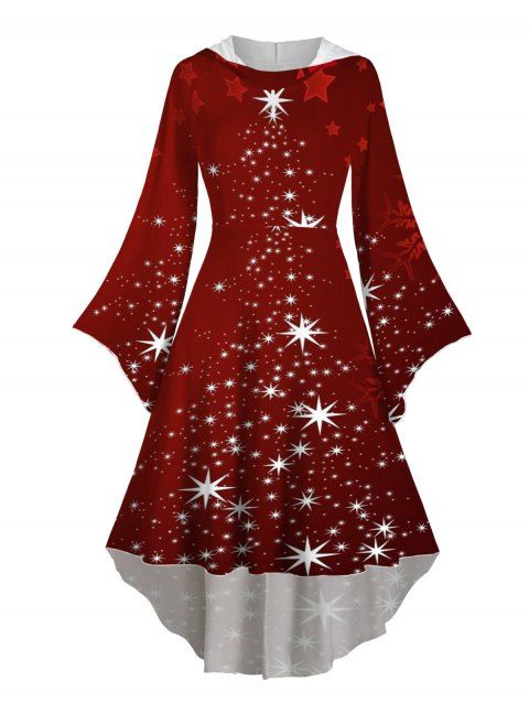 Robe à Capuche Mi-Longue Haute Basse Etoile Lumière et Flocon de Neige de Noël Imprimés à Manches Evasées