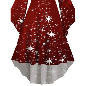 Christmas Snowflake Star Sparkle Light Print Flare Sleeve High Low Midi Hooded Dress