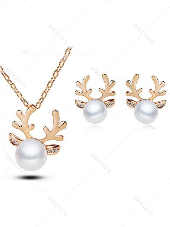 Ensemble de Boucles D'Oreilles Cerf de Noël et de Collier Perlé - Blanc 