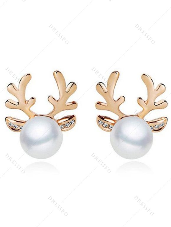 Ensemble de Boucles D'Oreilles Cerf de Noël et de Collier Perlé - Blanc 