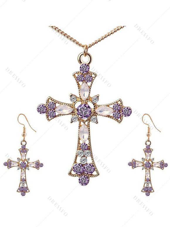 Parure de Bijoux avec Pendentif Croix en Cristal Fantaisie à Sculpture Creuse - Pourpre 