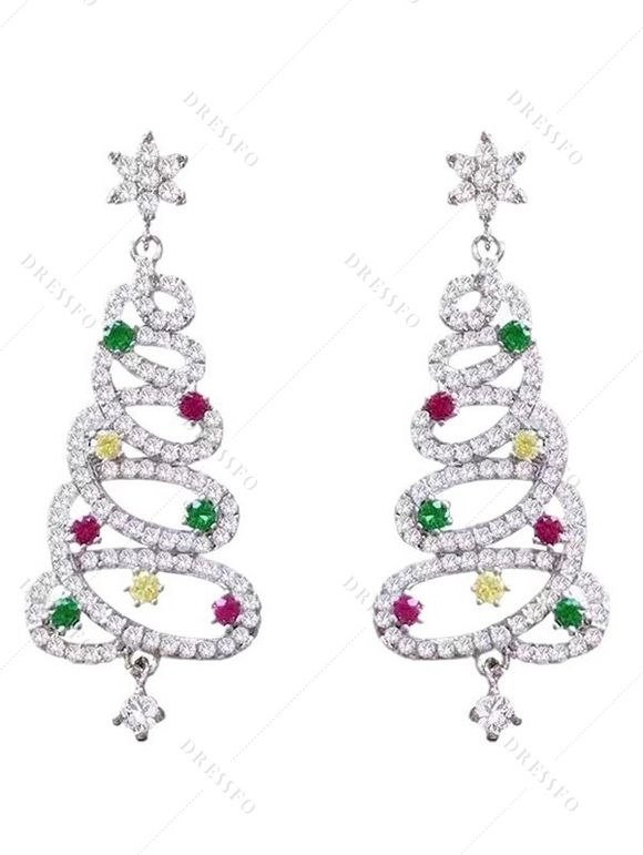 Boucles D'Oreilles Motif Sapin de Noël en Cristal Fantaisie avec Pompon - Argent 