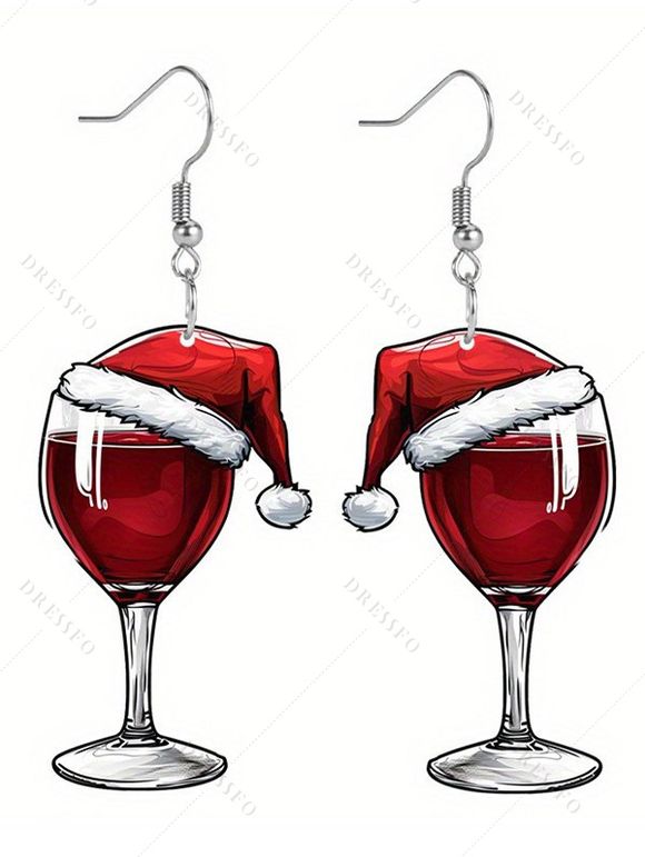 Boucles D'Oreilles de Noël Motif de Verre de Vin en Acrylique - Rouge 