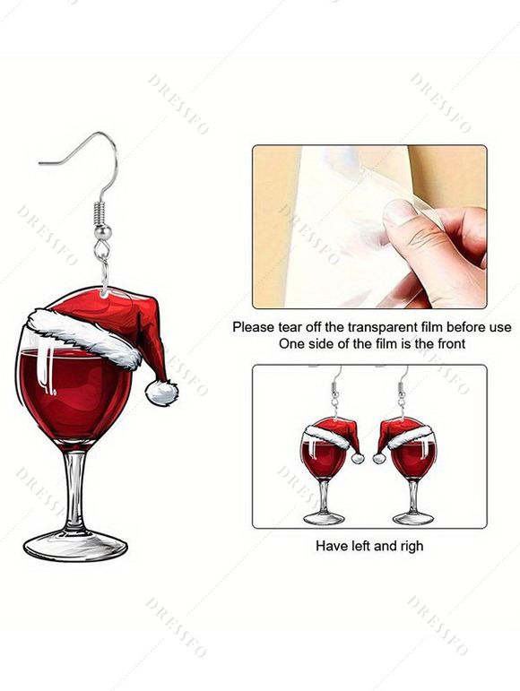 Boucles D'Oreilles de Noël Motif de Verre de Vin en Acrylique - Rouge 