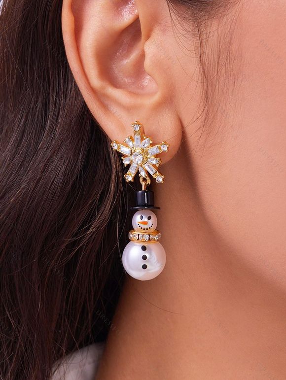 Boucles D'Oreilles en Forme de Flocon de Neige de Noël en Strass et Perle - Argent 