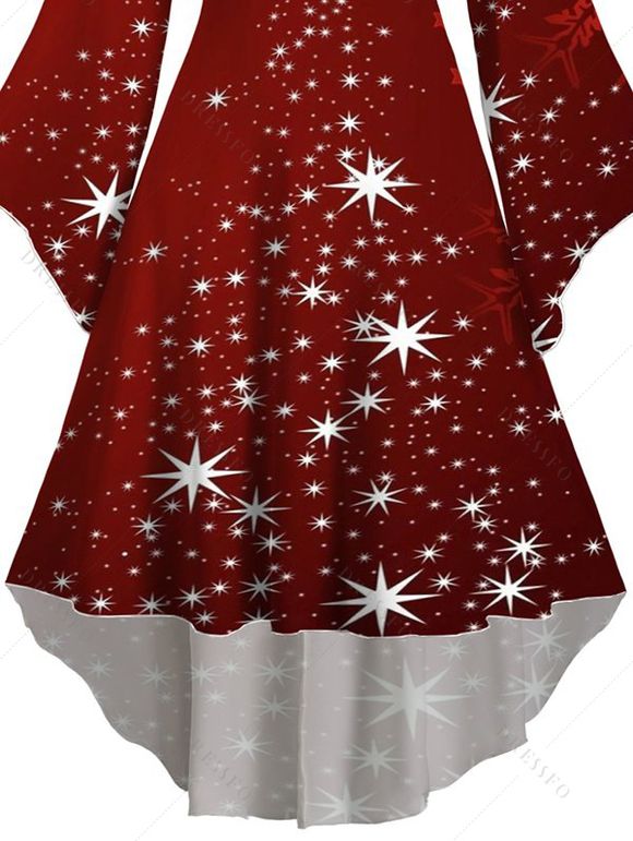 Robe à Capuche Mi-Longue Haute Basse Etoile Lumière et Flocon de Neige de Noël Imprimés à Manches Evasées - Rouge foncé L | US 8-10