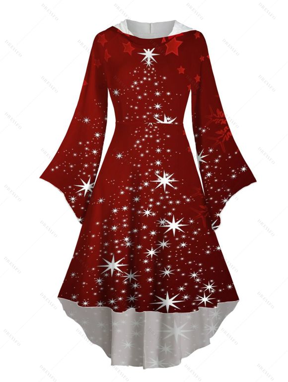 Christmas Snowflake Star Sparkle Light Print Flare Sleeve High Low Hooded Dress And Button Up Long Sleeve Shirt Outfit - Rouge foncé S | US 4