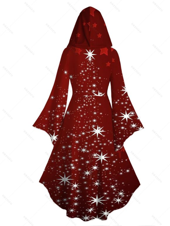 Christmas Snowflake Star Sparkle Light Print Flare Sleeve High Low Hooded Dress And Button Up Long Sleeve Shirt Outfit - Rouge foncé S | US 4