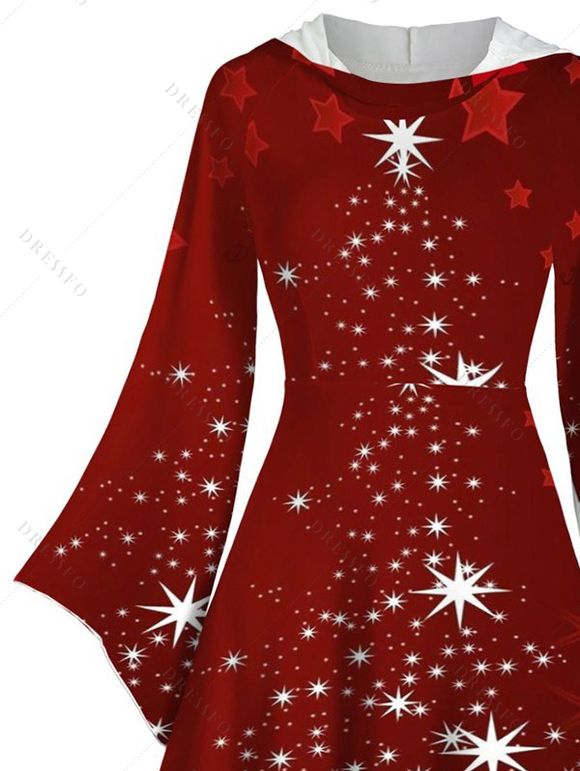 Christmas Snowflake Star Sparkle Light Print Flare Sleeve High Low Hooded Dress And Button Up Long Sleeve Shirt Outfit - Rouge foncé S | US 4