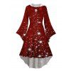 Robe à Capuche Mi-Longue Haute Basse Etoile Lumière et Flocon de Neige de Noël Imprimés à Manches Evasées - Rouge foncé S | US 4