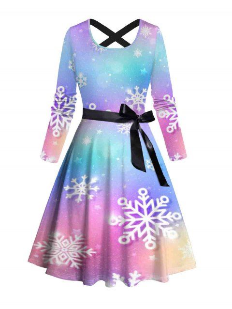 Robe de Noël Ceinturée Croisée Flocon de Neige Imprimée Manches Longues à Col Rond