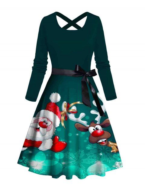 Robe de Noël Croisée Ceinturée Père Noël et Flocon de Neige Imprimés à Manches Longues