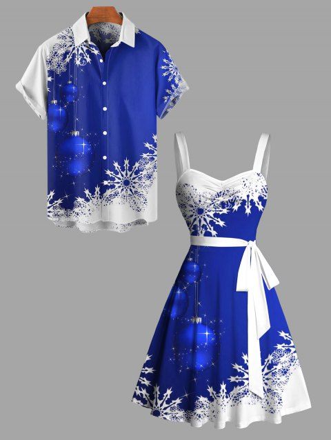 Christmas Sweetheart Neck Snowflake Bell Contrast Print Dress and Roll Up Sleeve Shirt Outfit