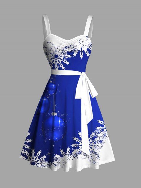Christmas Sweetheart Neck Snowflake Bell Contrast Print Ruched Bust Tank Belt Festival Dress