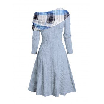 Plaid Patchwork Off The Shoulder Cinched Asymmetric Dress Mock Button Decor Ribbed Warm Dress 