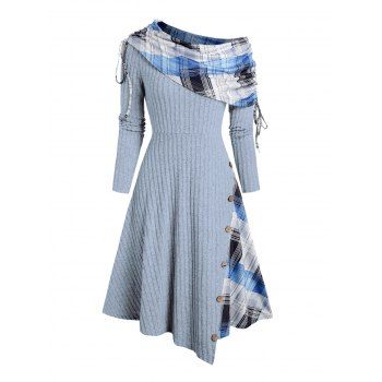 Plaid Patchwork Off The Shoulder Cinched Asymmetric Dress Mock Button Decor Ribbed Warm Dress 