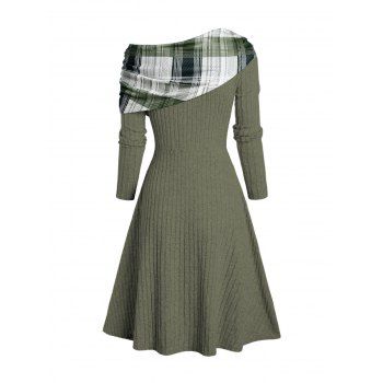 Plaid Patchwork Off The Shoulder Cinched Asymmetric Dress Mock Button Decor Ribbed Warm Dress 