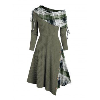 Plaid Patchwork Off The Shoulder Cinched Asymmetric Dress Mock Button Decor Ribbed Warm Dress 