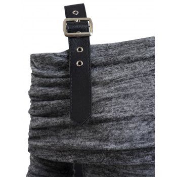 Heathered Skew Collar Buckle Strap Asymmetric Hem Top Lace Panel Long Sleeve Top 