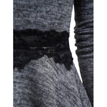 Heathered Skew Collar Buckle Strap Asymmetric Hem Top Lace Panel Long Sleeve Top 