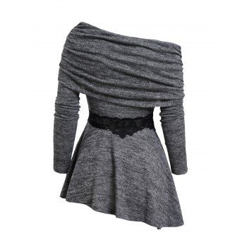 Heathered Skew Collar Buckle Strap Asymmetric Hem Top Lace Panel Long Sleeve Top 