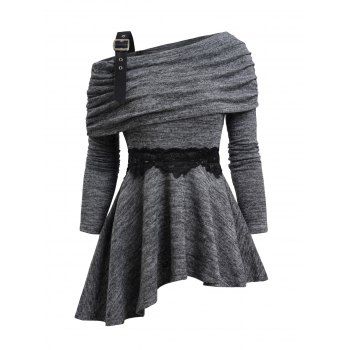 Heathered Skew Collar Buckle Strap Asymmetric Hem Top Lace Panel Long Sleeve Top 