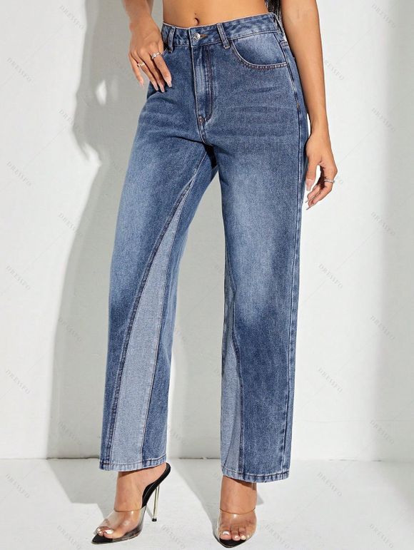 Jean Décontracté Long Panneau Contrasté à Jambe Large à Braguette Zippée en Denim - Bleu gris S | US 4