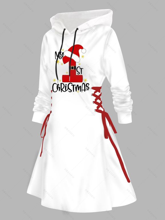 Mini Robe à Capuche Ligne A Motif Cerf de Noël à Manches Longues à Lacets - Rouge S | US 4