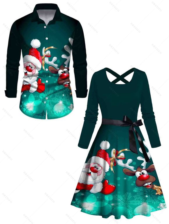 Christmas Santa Claus Elk Snowflake Print Belted Dress And Long Sleeve Button Up Shirt Matching Outfit - Vert profond S | US 4