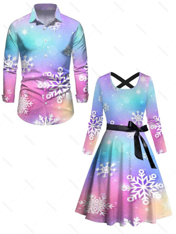 Christmas Snowflake Colorful Print Belted Dress And Button Up Long Sleeve Shirt Matching Outfit - multicolor A S | US 4