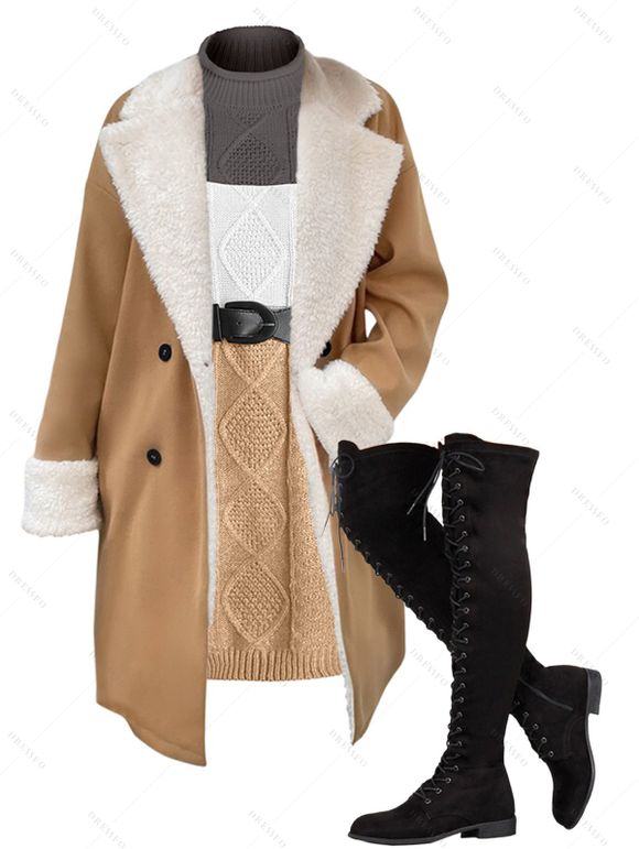 Faux Fur Liner Drop Shoulder Long Coat And Colorblock Cable Knit Sweater Dress Lace Up Over The Knee Boots Outfit - café lumière S | US 4