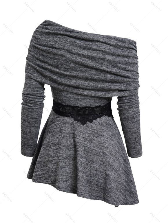 Haut Long Asymétrique à Bretelle Bouclée Panneau en Dentelle à Manches Longues - Gris L | US 8-10