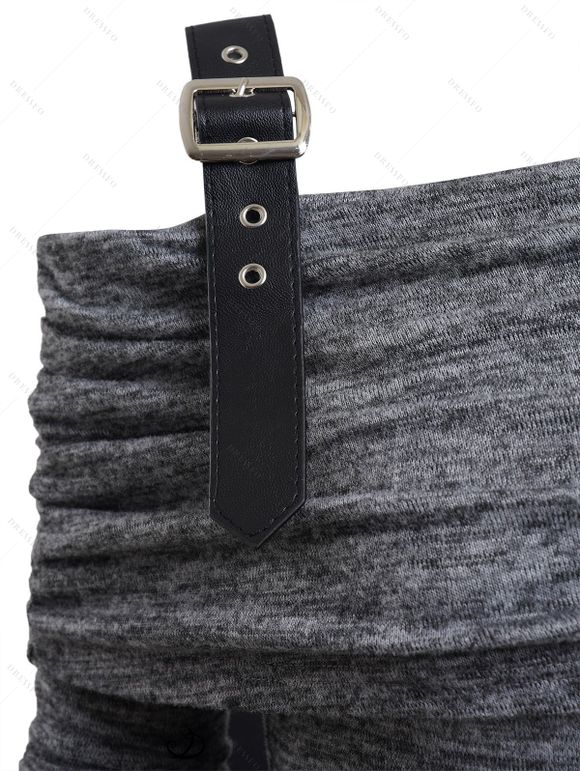 Haut Long Asymétrique à Bretelle Bouclée Panneau en Dentelle à Manches Longues - Gris L | US 8-10