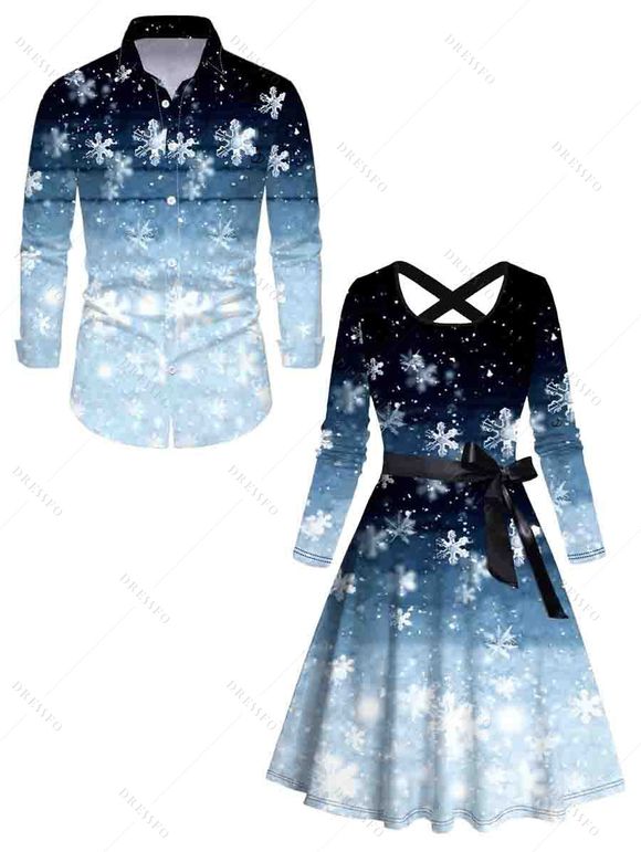 Christmas Ombre Snowflake Print Crisscross Bowknot Belted Dress and Long Sleeve Turn Down Collar Shirt Outfit - Bleu S | US 4