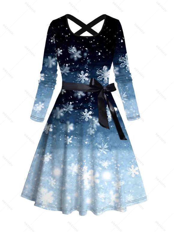 Christmas Ombre Snowflake Print Crisscross Bowknot Belted Dress and Long Sleeve Turn Down Collar Shirt Outfit - Bleu S | US 4