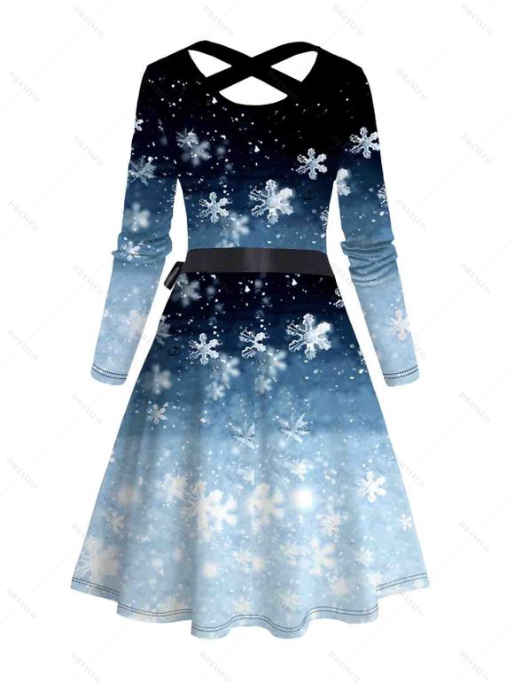 Christmas Ombre Snowflake Print Crisscross Bowknot Belted Dress and Long Sleeve Turn Down Collar Shirt Outfit - Bleu S | US 4