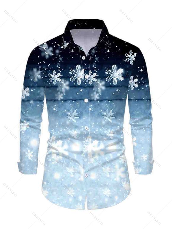 Christmas Ombre Snowflake Print Crisscross Bowknot Belted Dress and Long Sleeve Turn Down Collar Shirt Outfit - Bleu S | US 4