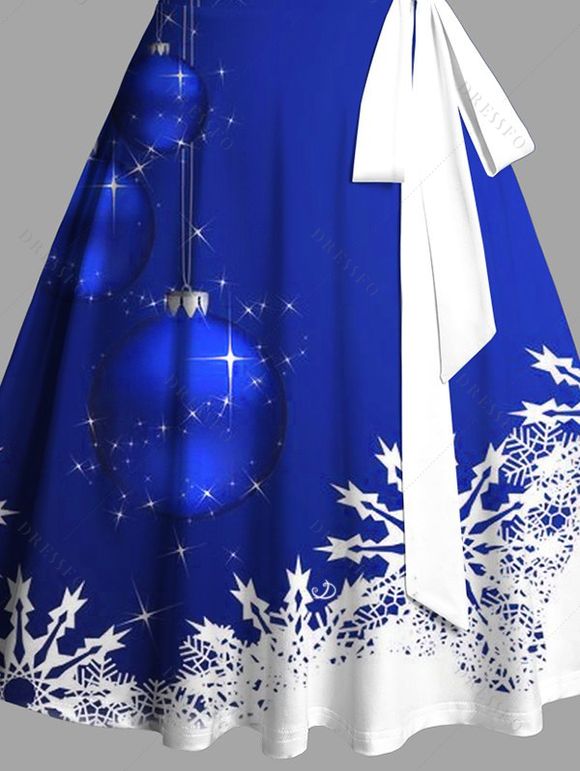 Robe de Soirée Volantée Imprimé Flocon de Neige et Clochette de Noël - Bleu S | US 4