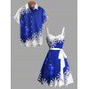 Christmas Sweetheart Neck Snowflake Bell Contrast Print Dress and Roll Up Sleeve Shirt Outfit