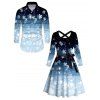 Christmas Ombre Snowflake Print Crisscross Bowknot Belted Dress and Long Sleeve Turn Down Collar Shirt Outfit