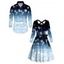Christmas Ombre Snowflake Print Crisscross Bowknot Belted Dress and Long Sleeve Turn Down Collar Shirt Outfit - Rouge S | US 4
