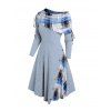 Plaid Patchwork Off The Shoulder Cinched Asymmetric Dress Mock Button Decor Ribbed Warm Dress