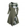 Plaid Patchwork Off The Shoulder Cinched Asymmetric Dress Mock Button Decor Ribbed Warm Dress