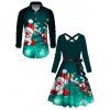 Christmas Santa Claus Elk Snowflake Print Belted Dress And Long Sleeve Button Up Shirt Matching Outfit - Vert profond S | US 4