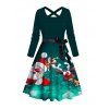 Christmas Santa Claus Elk Snowflake Print Belted Dress And Long Sleeve Button Up Shirt Matching Outfit - Vert profond S | US 4