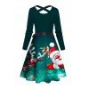 Christmas Santa Claus Elk Snowflake Print Belted Dress And Long Sleeve Button Up Shirt Matching Outfit - Vert profond S | US 4