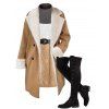 Faux Fur Liner Drop Shoulder Long Coat And Colorblock Cable Knit Sweater Dress Lace Up Over The Knee Boots Outfit - café lumière S | US 4