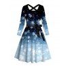 Christmas Ombre Snowflake Print Crisscross Bowknot Belted Dress and Long Sleeve Turn Down Collar Shirt Outfit - Bleu S | US 4