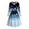 Christmas Ombre Snowflake Print Crisscross Bowknot Belted Dress and Long Sleeve Turn Down Collar Shirt Outfit - Bleu S | US 4