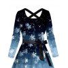 Christmas Ombre Snowflake Print Crisscross Bowknot Belted Dress and Long Sleeve Turn Down Collar Shirt Outfit - Bleu S | US 4